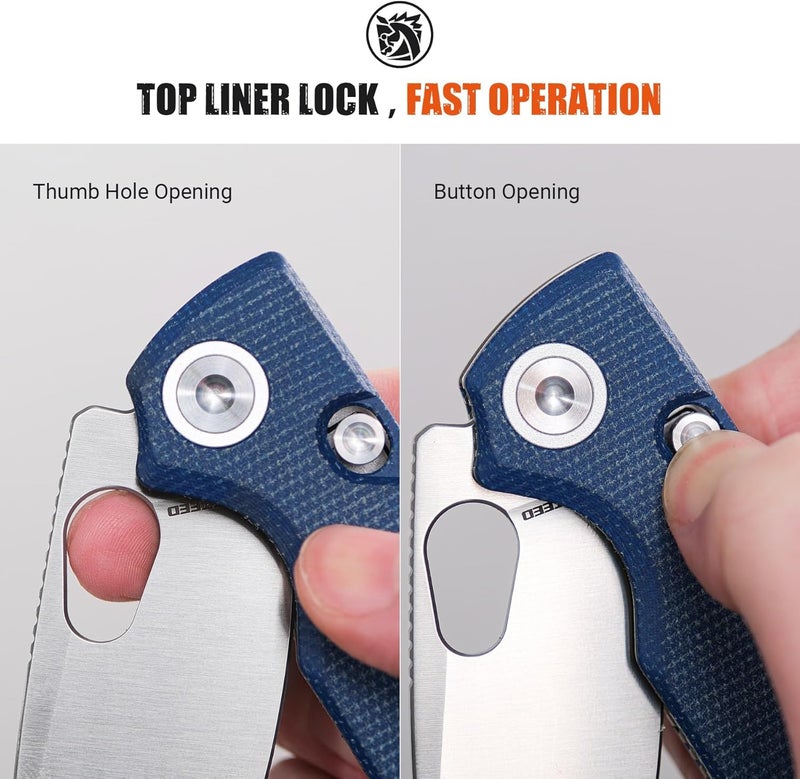 Vosteed Porcupine EDC Pocket Knife, Lightweight Folding knife - 2.99" 14C28N Steel Blade, Thumb hole, Blue Micarta Handle Top Liner Lock Knives for Camping Survival - A2605 - Image 3